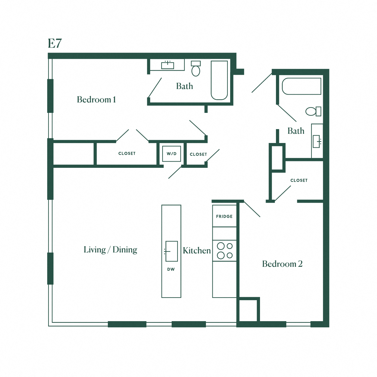 Floor plan for 2 beds, 2 baths, 1045 sqft