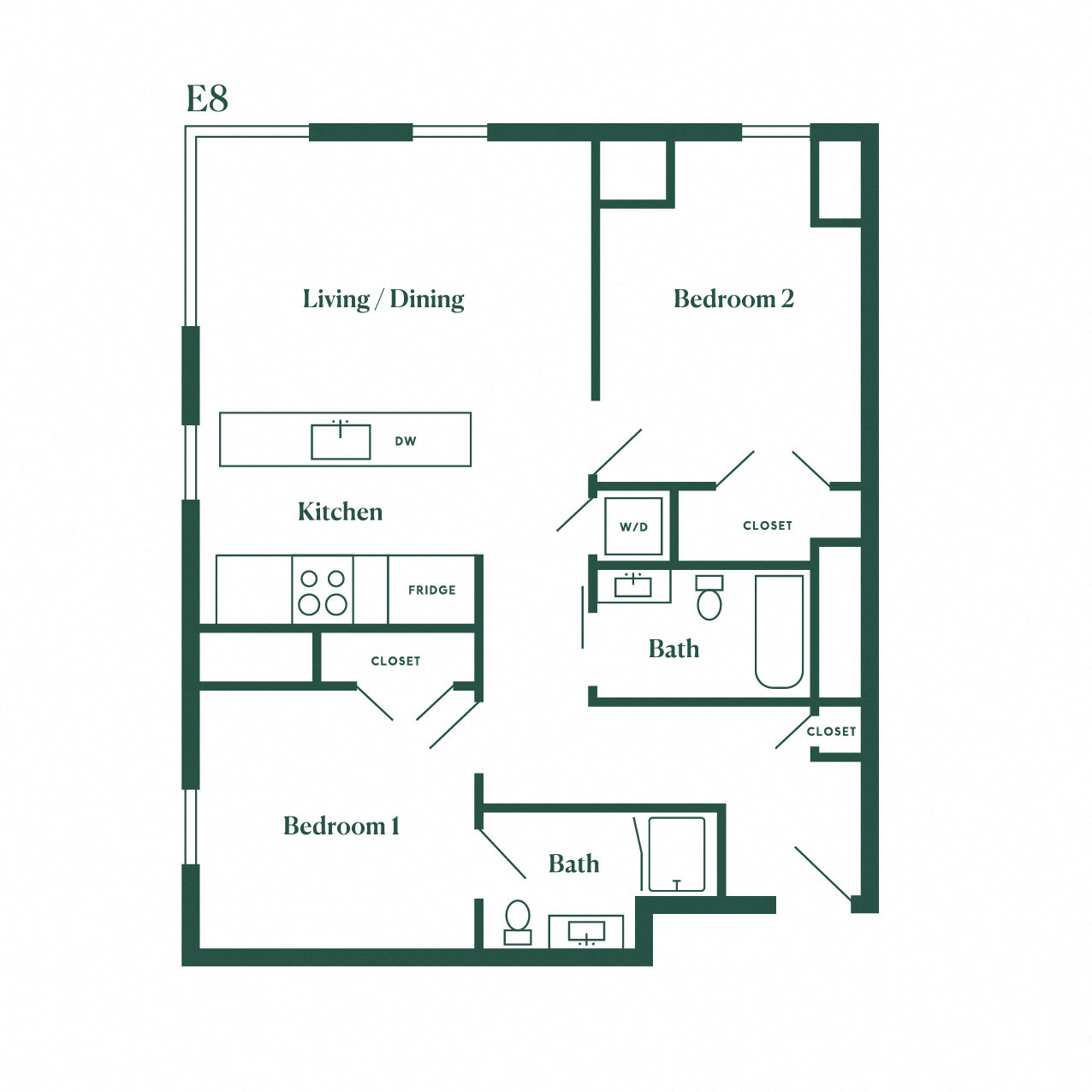 Floor plan for 2 beds, 2 baths, 940 sqft