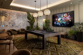 San Diego apartment for rent - A room with a pool table and a TV showing a colorful image of flowers.