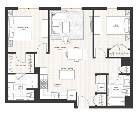 Floor plan for 2 beds, 2 baths, 977 sqft