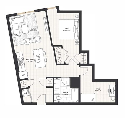Floor plan for 1 bed, 1 bath, 836 sqft