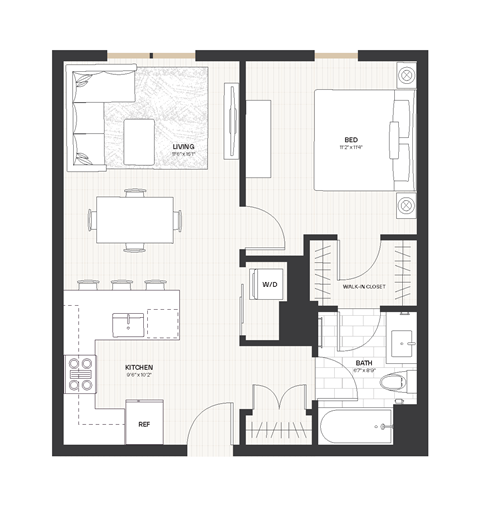 Floor plan for 1 bed, 1 bath, 706 sqft