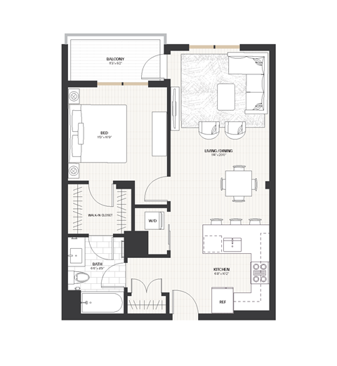 Floor plan for 1 bed, 1 bath, 657 sqft