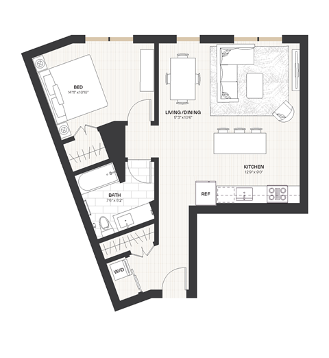 Floor plan for 1 bed, 1 bath, 759 sqft