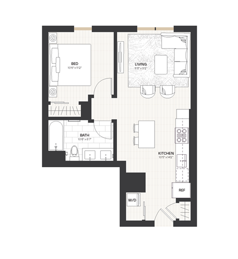 Floor plan for 1 bed, 1 bath, 659 sqft