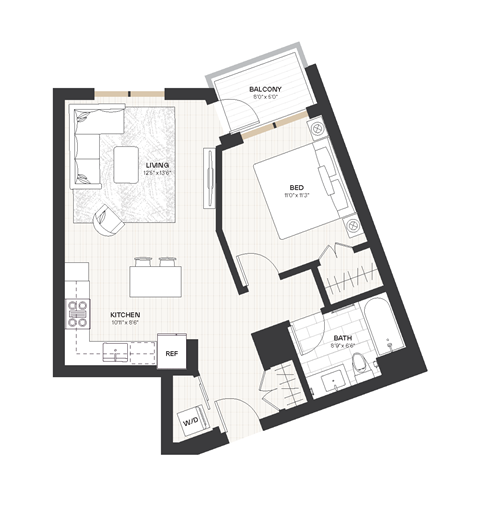 Floor plan for 1 bed, 1 bath, 687 sqft