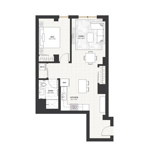 Floor plan for 1 bed, 1 bath, 741 sqft