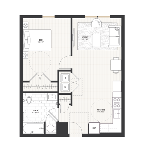 Floor plan for 1 bed, 1 bath, 686 sqft