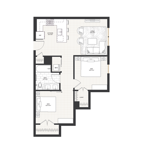 Floor plan for 1 bed, 1 bath, 794 sqft