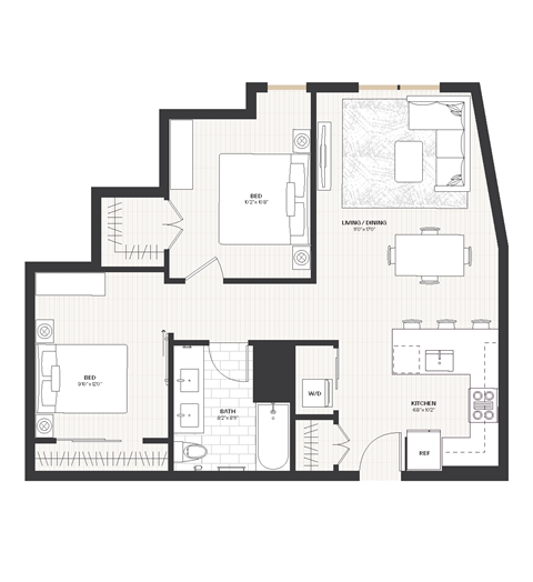 Floor plan for 1 bed, 1 bath, 842 sqft