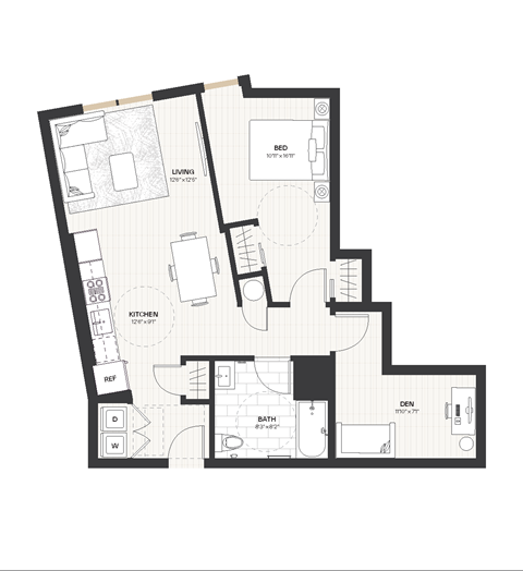 Floor plan for 1 bed, 1 bath, 835 sqft