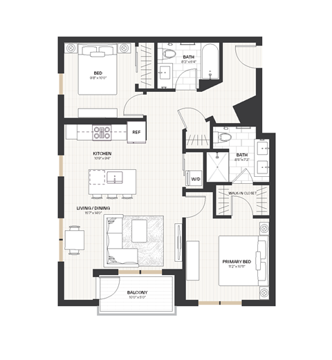 Floor plan for 2 beds, 2 baths, 1025 sqft