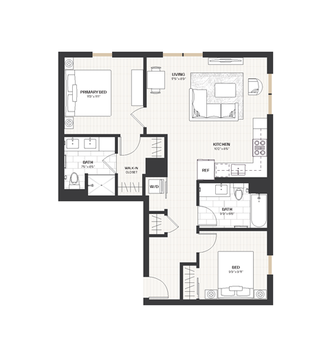 Floor plan for 2 beds, 2 baths, 1025 sqft