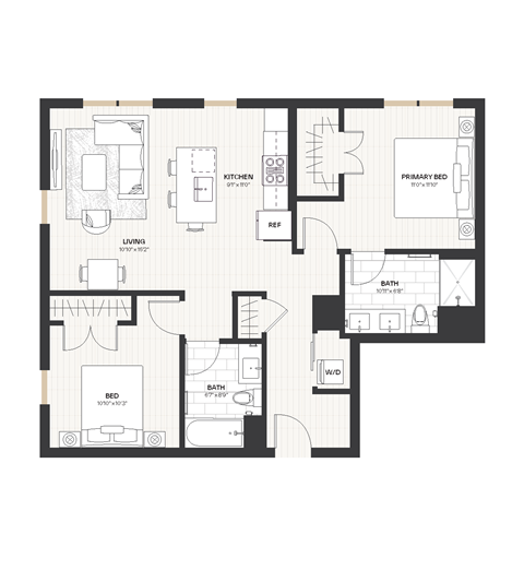 Floor plan for 2 beds, 2 baths, 926 sqft