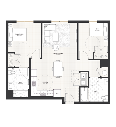 Floor plan for 2 beds, 2 baths, 977 sqft