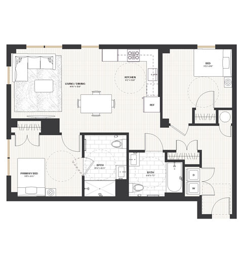 Floor plan for 2 beds, 2 baths, 1001 sqft