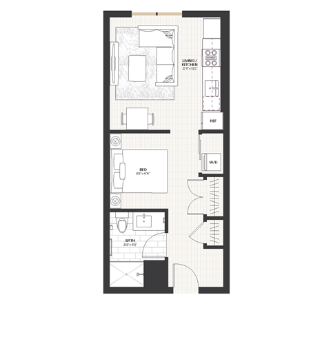 Floor plan for studio, 1 bath, 480 sqft