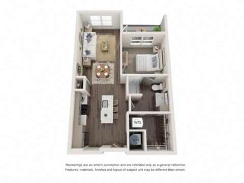 Floor plan for 1 bed, 1 bath, 669 sqft