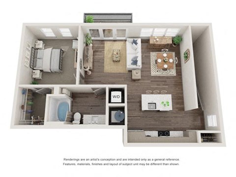 Floor plan for 1 bed, 1 bath, 940 sqft