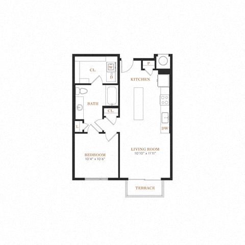 Floor plan for 1 bed, 1 bath, 746 sqft
