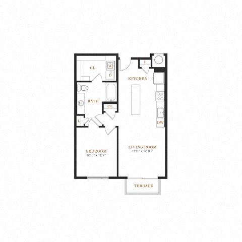 Floor plan for 1 bed, 1 bath, 697 sqft