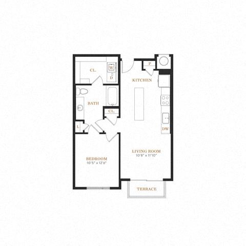 Floor plan for 1 bed, 1 bath, 722 sqft