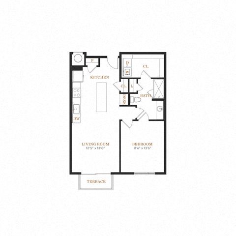 Floor plan for 1 bed, 1 bath, 794 sqft