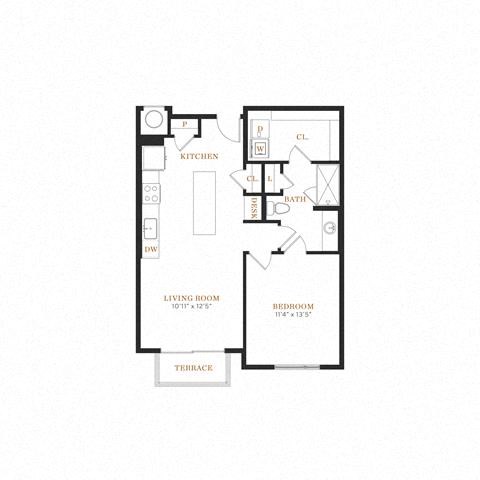 Floor plan for 1 bed, 1 bath, 769 sqft