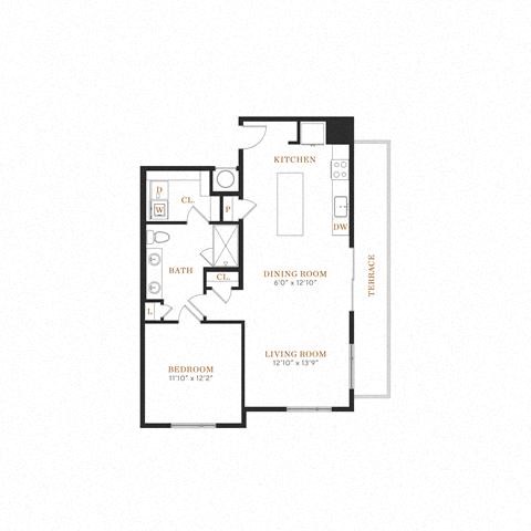 Floor plan for 1 bed, 1 bath, 895 sqft