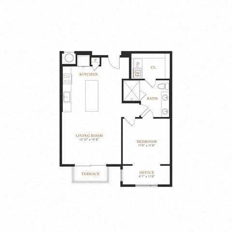 Floor plan for 1 bed, 1 bath, 842 sqft