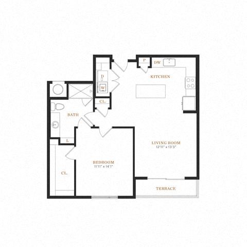 Floor plan for 1 bed, 1 bath, 838 sqft