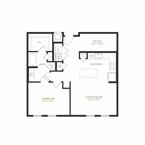 Floor plan for 1 bed, 1 bath, 903 sqft