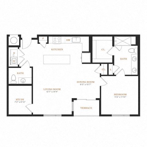Floor plan for 1 bed, 1.5 baths, 980 sqft
