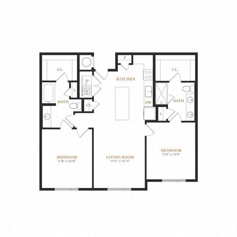 Floor plan for 2 beds, 2 baths, 1129 sqft
