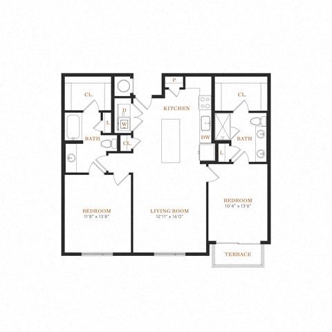 Floor plan for 2 beds, 2 baths, 1131 sqft