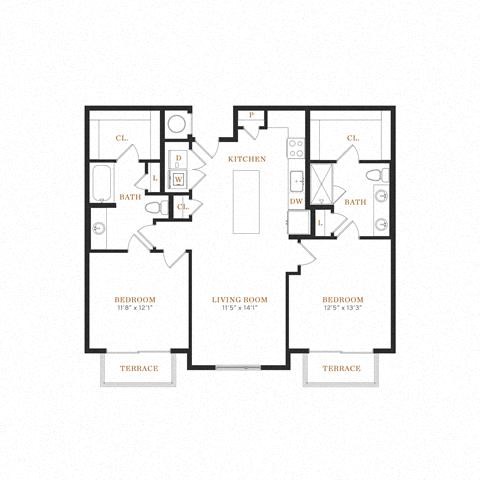 Floor plan for 2 beds, 2 baths, 1135 sqft
