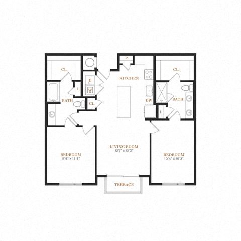 Floor plan for 2 beds, 2 baths, 1127 sqft