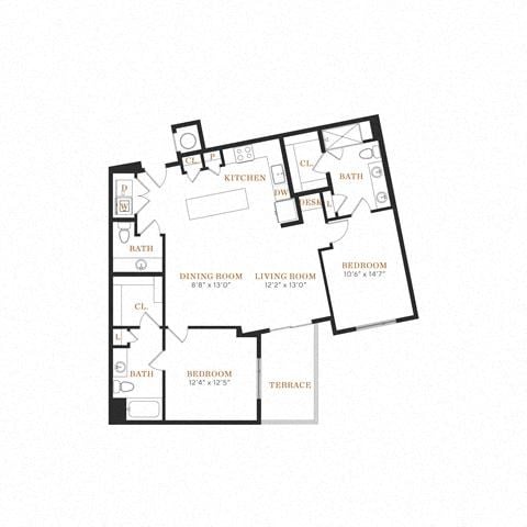 Floor plan for 2 beds, 2.5 baths, 1272 sqft