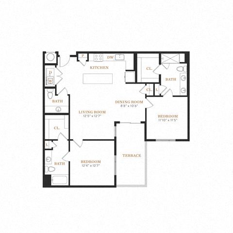 Floor plan for 2 beds, 2.5 baths, 1242 sqft