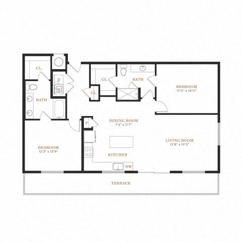 Floor plan for 2 beds, 2 baths, 1322 sqft