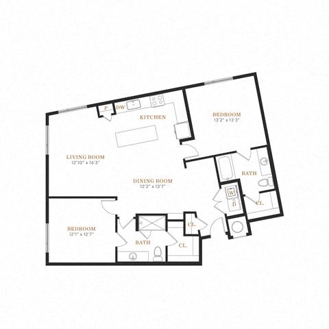 Floor plan for 2 beds, 2 baths, 1307 sqft