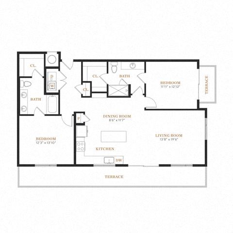 Floor plan for 2 beds, 2 baths, 1297 sqft
