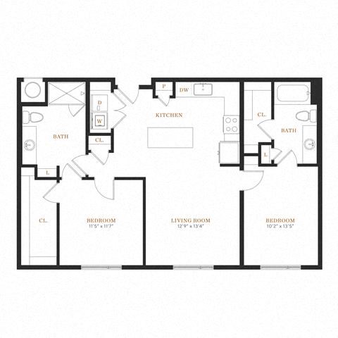 Floor plan for 2 beds, 2 baths, 1072 sqft