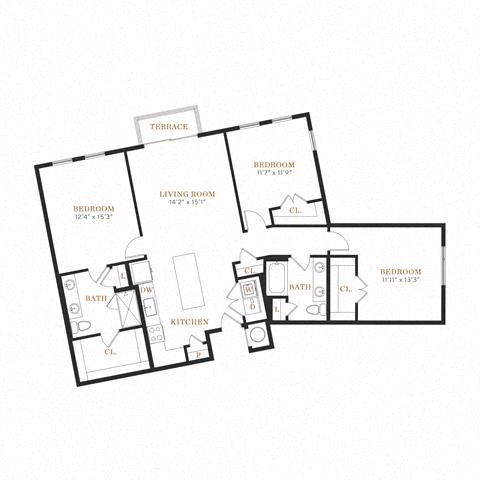 Floor plan for 3 beds, 2 baths, 1443 sqft