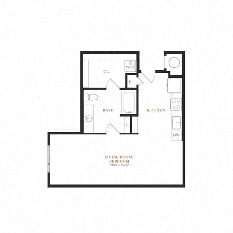 Floor plan for studio, 1 bath, 624 sqft