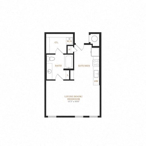 Floor plan for studio, 1 bath, 565 sqft