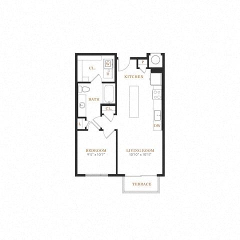 Floor plan for 1 bed, 1 bath, 640 sqft