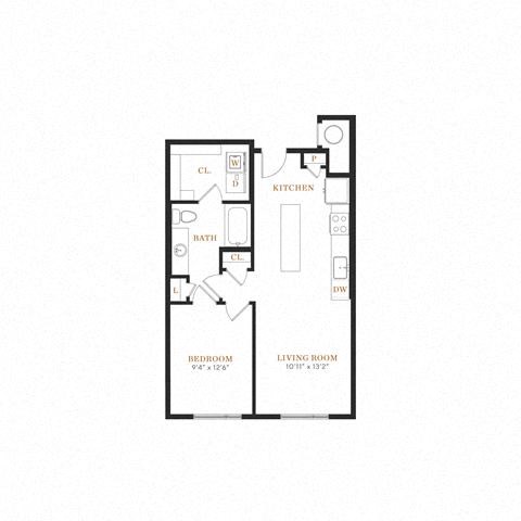 Floor plan for 1 bed, 1 bath, 693 sqft