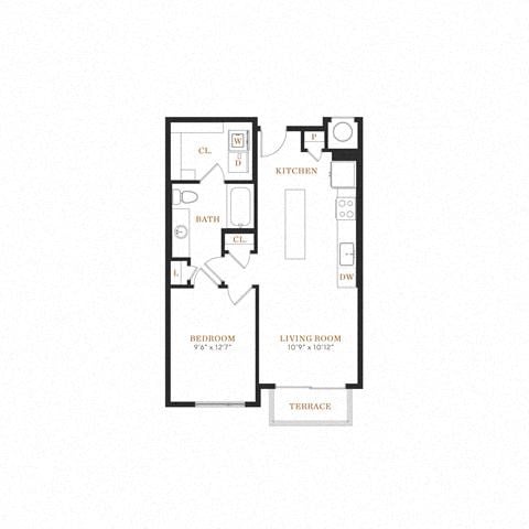 Floor plan for 1 bed, 1 bath, 660 sqft