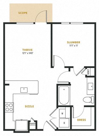 Floor plan for 1 bed, 1 bath, 672 sqft
